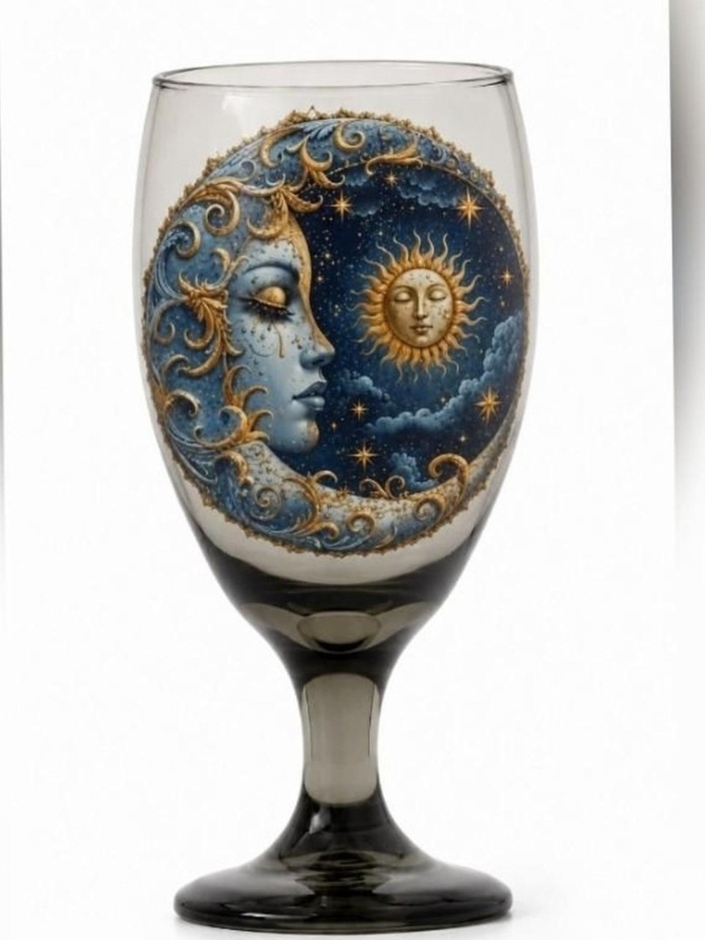 Celestial Moon & Sun Decorative Wine Glass - Blue and Gold
